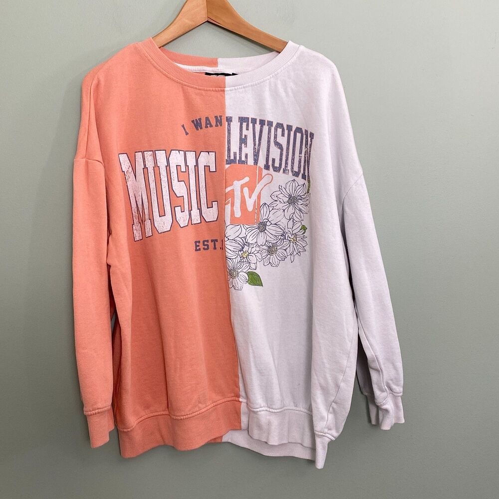 MTV Sweatshirt Womens Small Coral Oversized Colorblock Pullover Retro Style